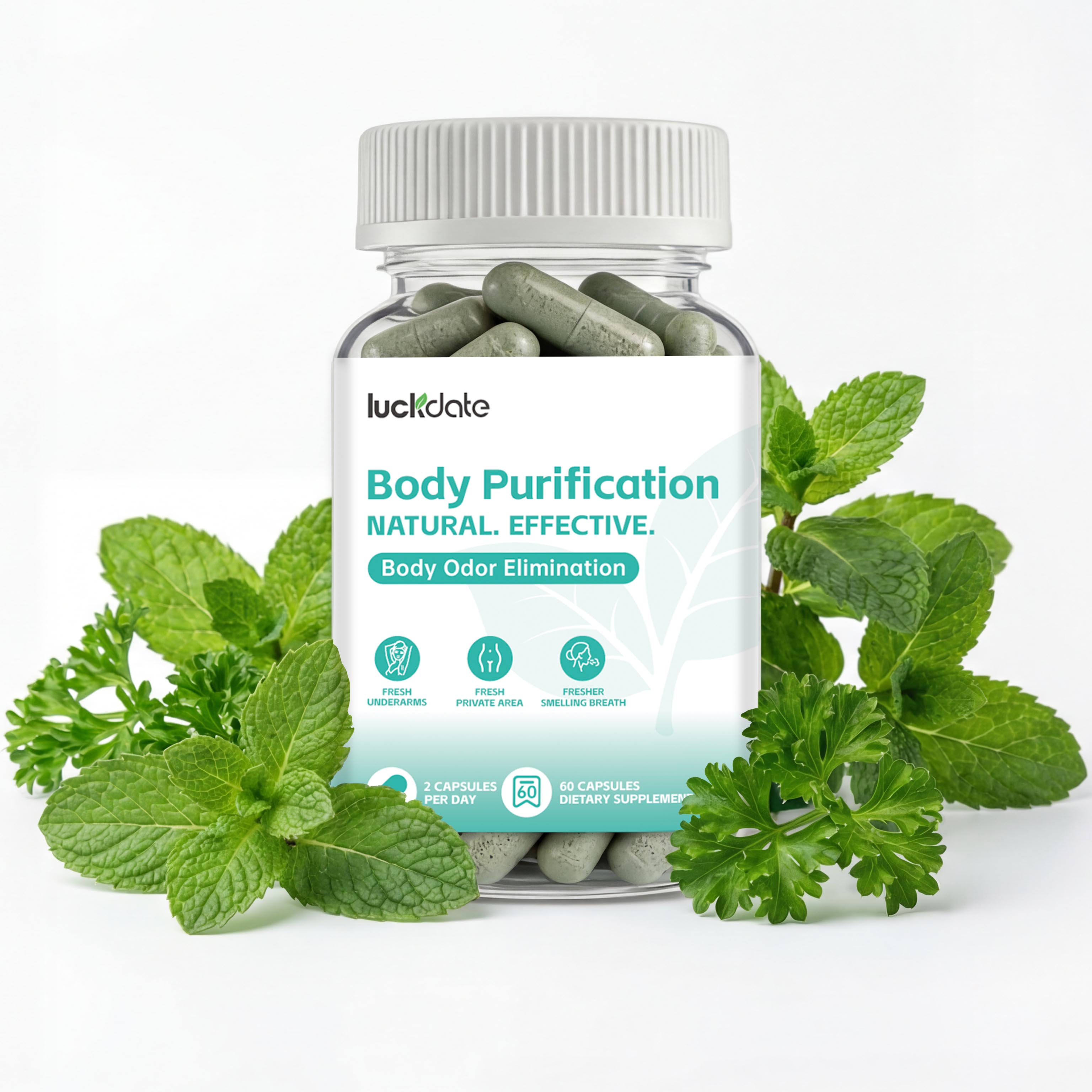 LuckDate Body Purification Chlorophyll Pills. Internal Deodorant for Body Odor, Breath & Detox. with Parsley & Mint. Natural Skin & Gut Support. 60 Capsules.