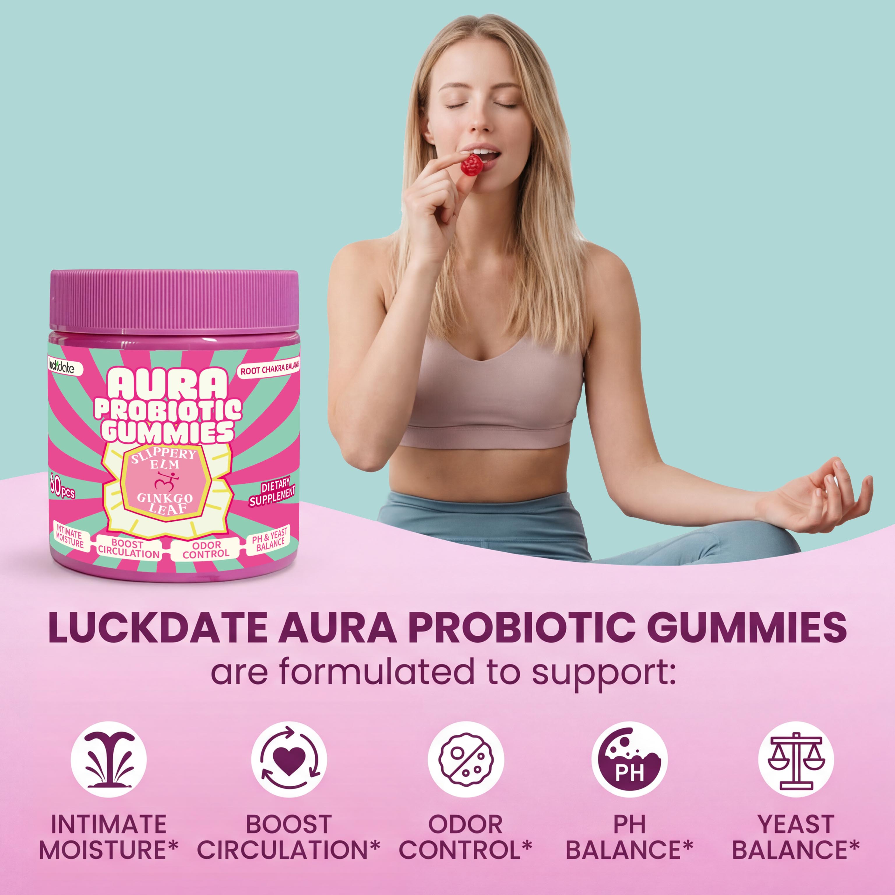 LuckDate Her Juicy Feminine Aura Probiotics Gummies - All in One Care with Slippery Elm & Ginkgo for Women’s pH Balance, Yeast Control & Dryness Relief - Raspberry 60 Count probiotics women